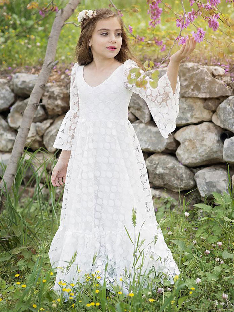 Ivory Jewel Neck Long Sleeves Lace Kids Party Dresses-showprettydress