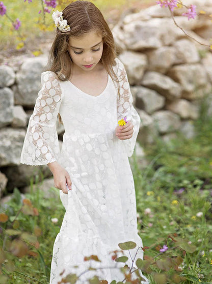 Ivory Jewel Neck Long Sleeves Lace Kids Party Dresses-showprettydress