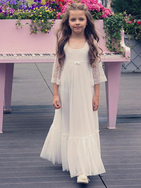 Ivory Jewel Neck Long Sleeves Lace Kids Party Dresses-showprettydress