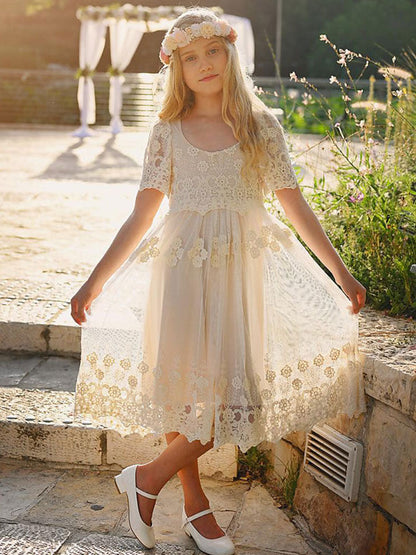 Ivory Jewel Neck Short Sleeves Lace Formal Kids Pageant flower girl dresses-showprettydress