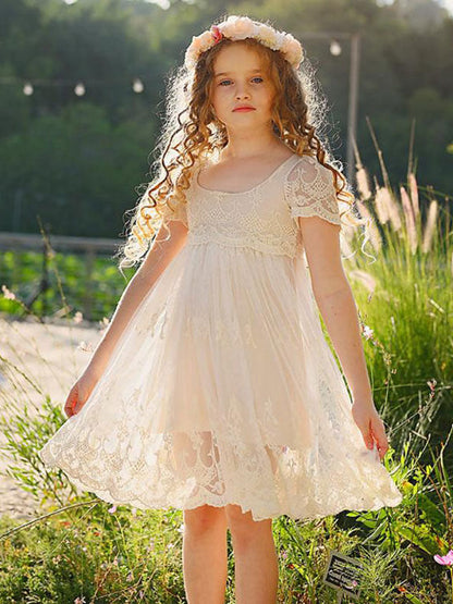 Ivory Jewel Neck Short Sleeves Lace Formal Kids Pageant flower girl dresses-showprettydress