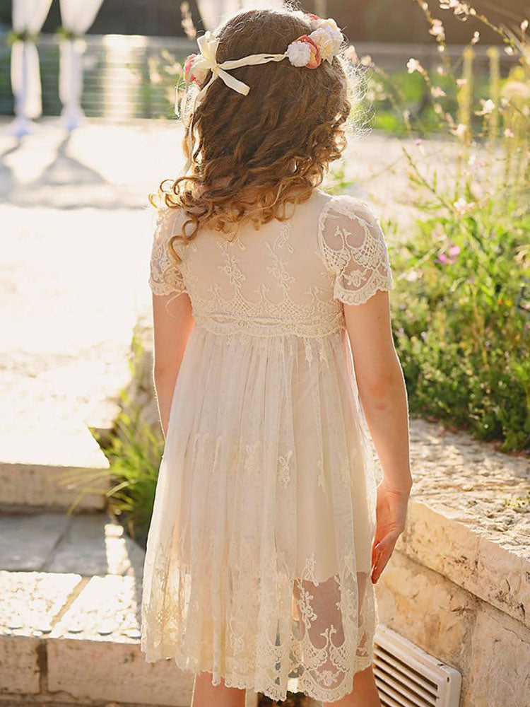 Ivory Jewel Neck Short Sleeves Lace Formal Kids Pageant flower girl dresses-showprettydress