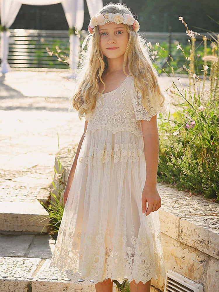 Ivory Jewel Neck Short Sleeves Lace Formal Kids Pageant flower girl dresses-showprettydress