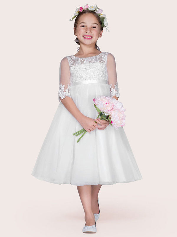 Ivory Jewel Tulle Neck Tulle Half Sleeves A-Line Lace Kids Party Dresses-showprettydress