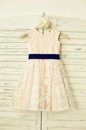 Lace Flower Girl Dress with Navy Blue Sash /Blush Pink 