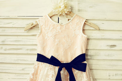 Lace Flower Girl Dress with Navy Blue Sash /Blush Pink 