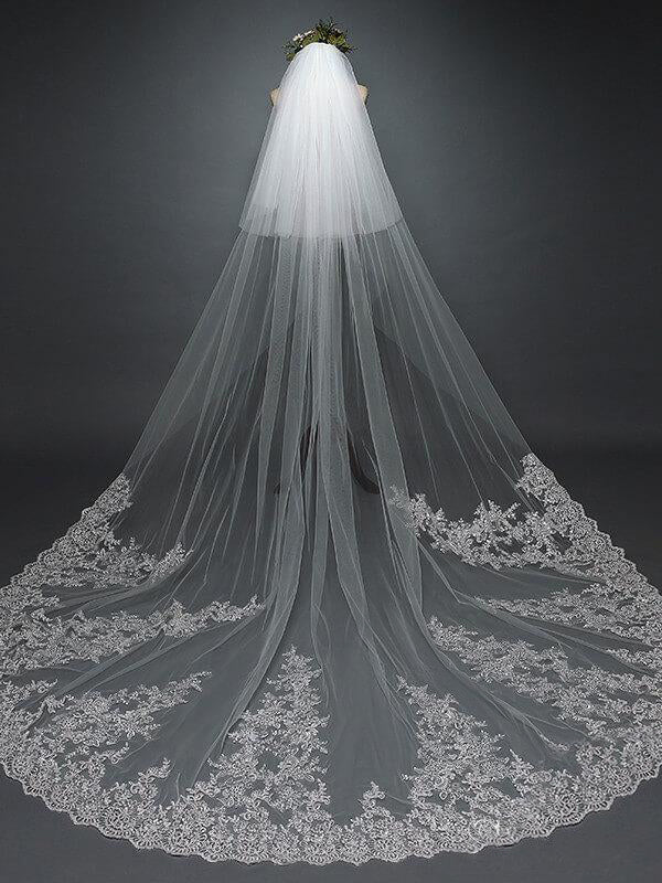 Roycebridal Ivory Lace Cathedral Veil with Blusher Long Wedding Veil