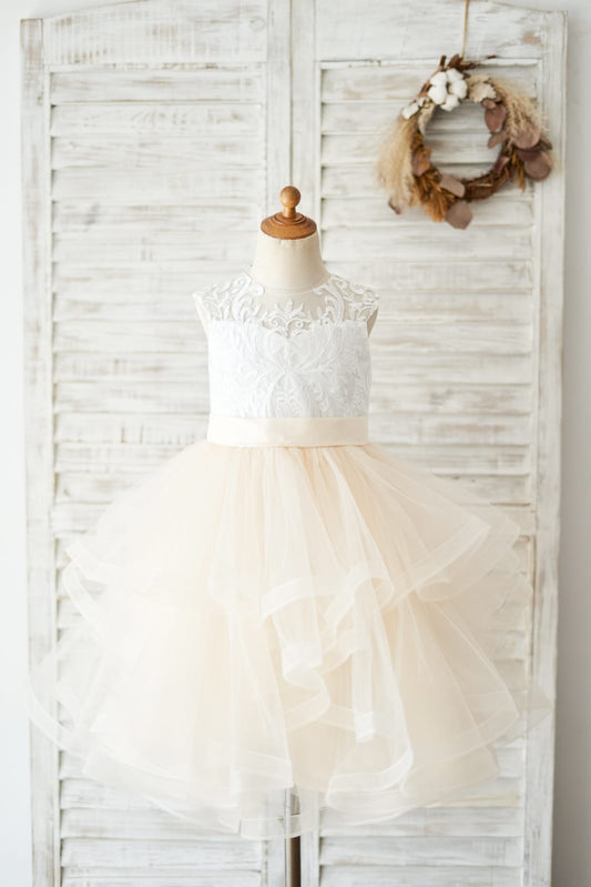 Ivory Lace Champagne Tulle Short Knee Length Wedding Flower 