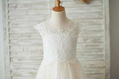 Ivory Lace Champagne tulle Cap Sleeves Wedding Flower Girl 