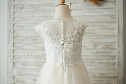 Ivory Lace Champagne tulle Cap Sleeves Wedding Flower Girl 