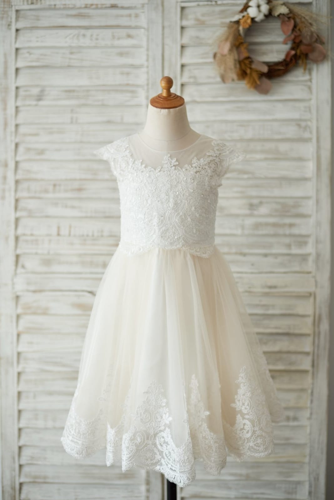 Ivory Lace Champagne tulle Cap Sleeves Wedding Flower Girl 