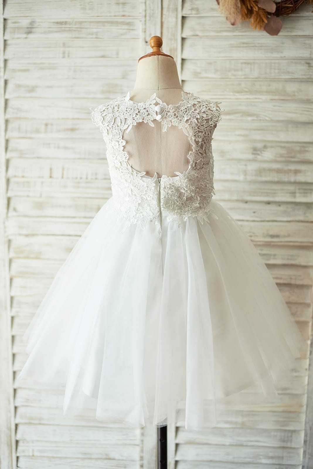 Ivory Lace Champagne/Blush Tulle Keyhole Back Wedding Flower Girl Dress