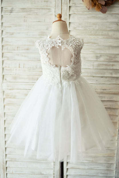 Ivory Lace Champagne Tulle Wedding Flower Girl Dress with 