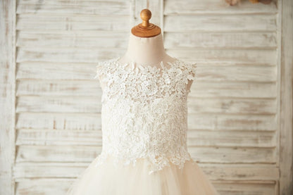 Ivory Lace Champagne Tulle Wedding Flower Girl Dress with 