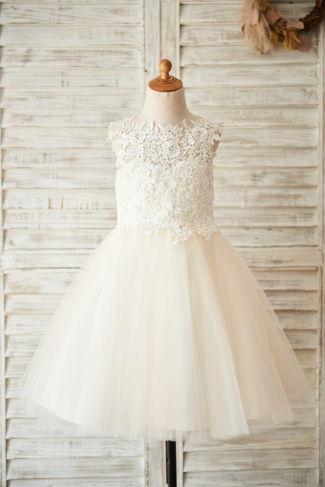 Ivory Lace Champagne Tulle Wedding Flower Girl Dress with 