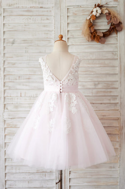 Ivory Lace Champagne Tulle Wedding Party Flower Girl Dress 