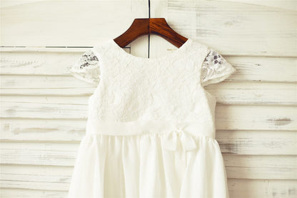 Ivory Lace Chiffon Flower Girl Dress with Cap Sleeves