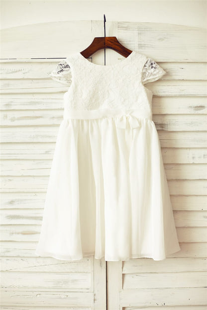 Ivory Lace Chiffon Flower Girl Dress with Cap Sleeves