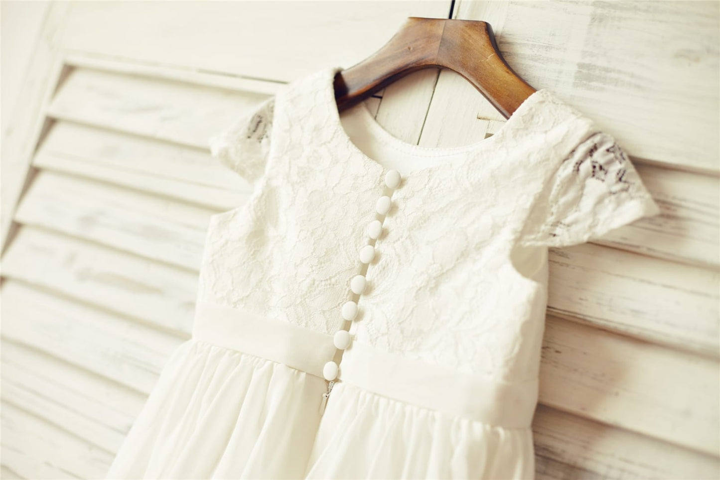 Ivory Lace Chiffon Flower Girl Dress with Cap Sleeves