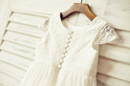 Ivory Lace Chiffon Flower Girl Dress with Cap Sleeves