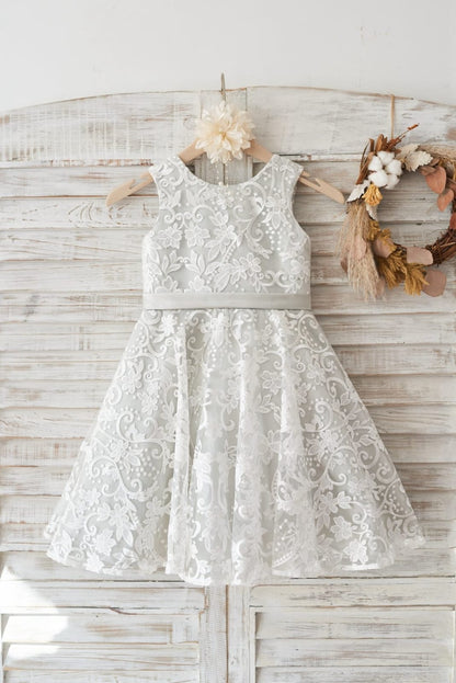 Ivory Lace Deep V Back Wedding Flower Girl Dress with Silver