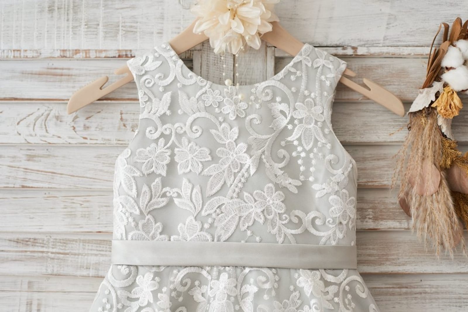 Ivory Lace Deep V Back Wedding Flower Girl Dress with Silver