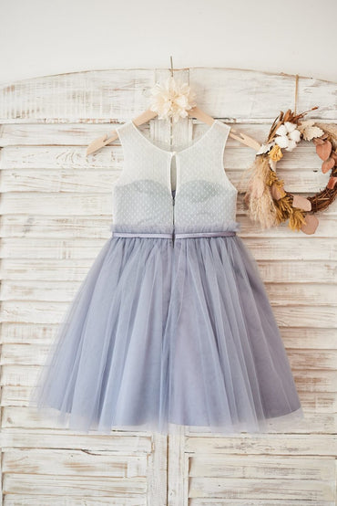 Ivory Lace Gray Tulle Sheer Back Wedding Flower Girl Dress 