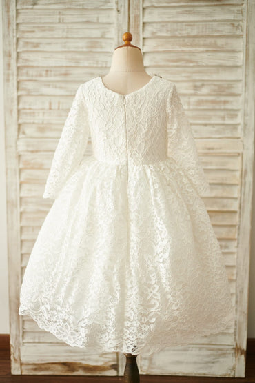 Ivory Lace Long Sleeves Wedding Flower Girl Dress with 