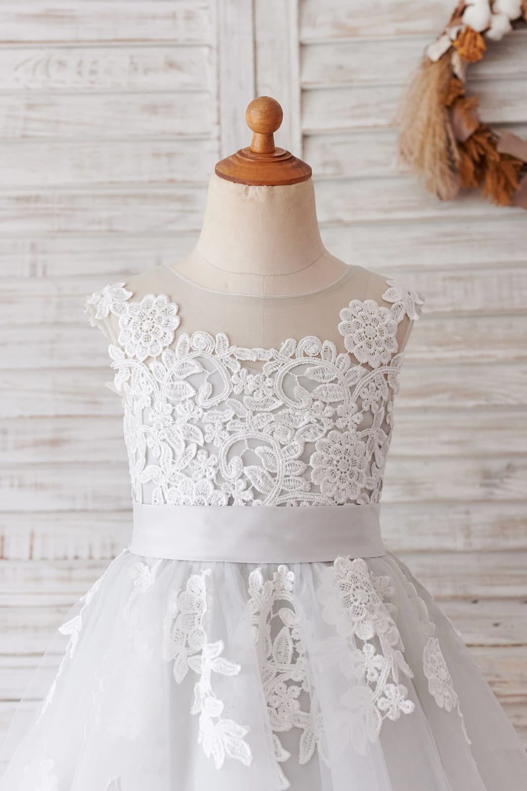 Ivory Lace Mauve / Silver Gray Tulle Wedding Flower Girl 