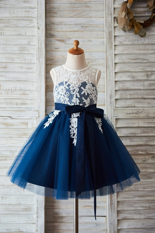 Ivory Lace Navy Blue Tulle Wedding Flower Girl Dress with V 