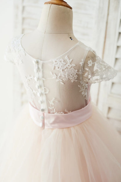 Ivory Lace Pink Tulle Cap Sleeves Wedding Flower Girl Dress 