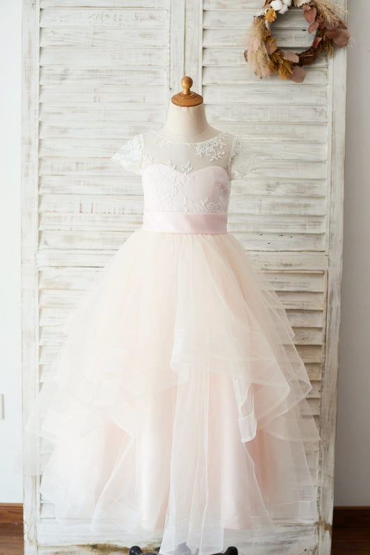 Ivory Lace Pink Tulle Cap Sleeves Wedding Flower Girl Dress 