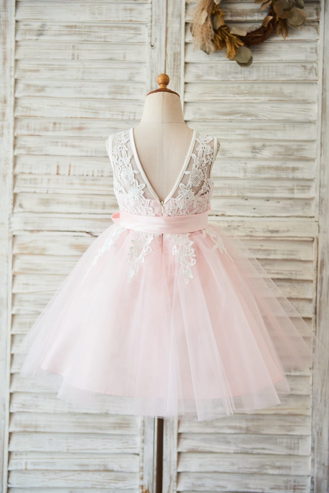 Ivory Lace Pink Tulle Wedding Flower Girl Dress with V Back