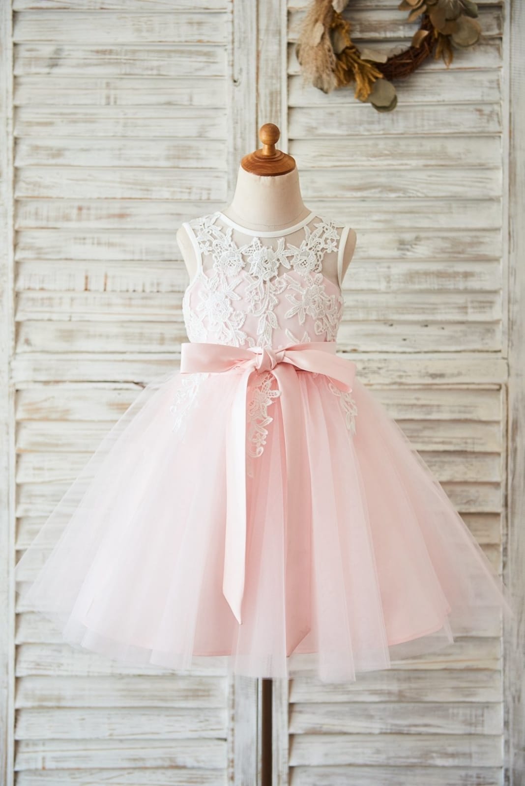 Ivory Lace Pink Tulle Wedding Flower Girl Dress with V Back