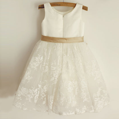 Ivory Lace Satin Wedding Flower Girl Dress with Champagne 