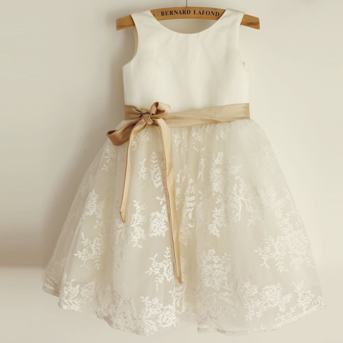 Ivory Lace Satin Wedding Flower Girl Dress with Champagne 