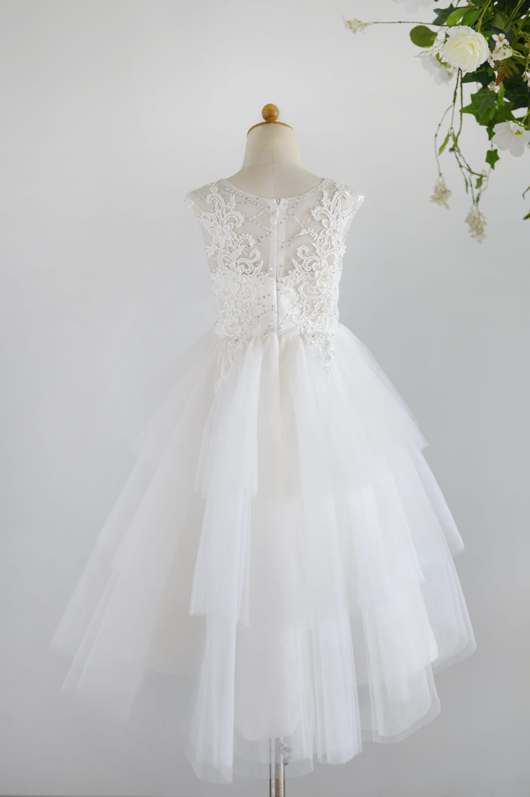 Ivory Lace Sequin Tulle Hi-low Wedding Flower Girl Dress