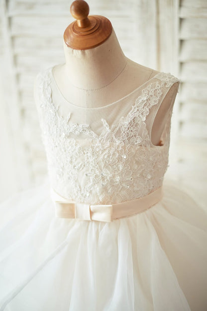 Ivory Lace Tulle Champagne Lining V Back Wedding Flower Girl