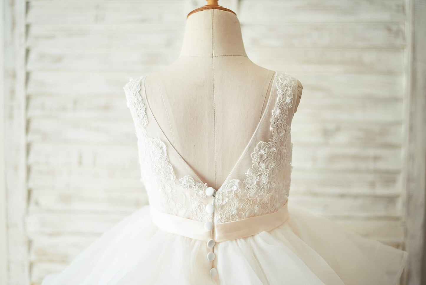 Ivory Lace Tulle Champagne Lining V Back Wedding Flower Girl