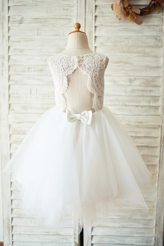 Ivory Lace Tulle Keyhole Backless Wedding Flower Girl Dress