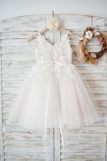 Ivory lace Tulle Spaghetti straps Wedding Flower Girl Dress 