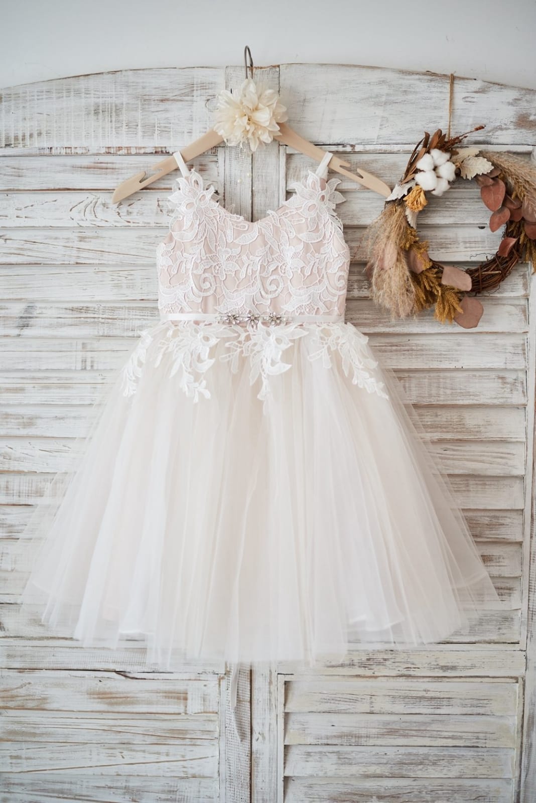 Ivory lace Tulle Spaghetti straps Wedding Flower Girl Dress 