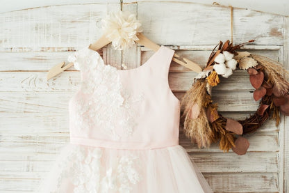 Ivory Lace Tulle Pink Satin Wedding Flower Girl Dress Junior