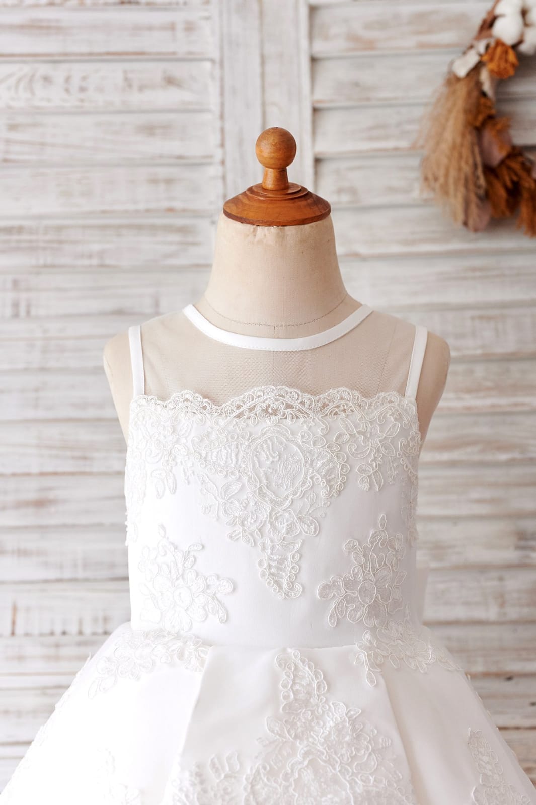 Ivory Lace Tulle Sheer Back Wedding Party Flower Girl Dress