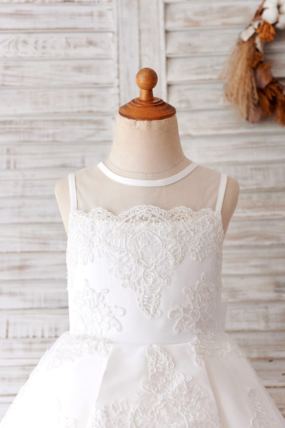 Ivory Lace Tulle Sheer Back Wedding Party Flower Girl Dress