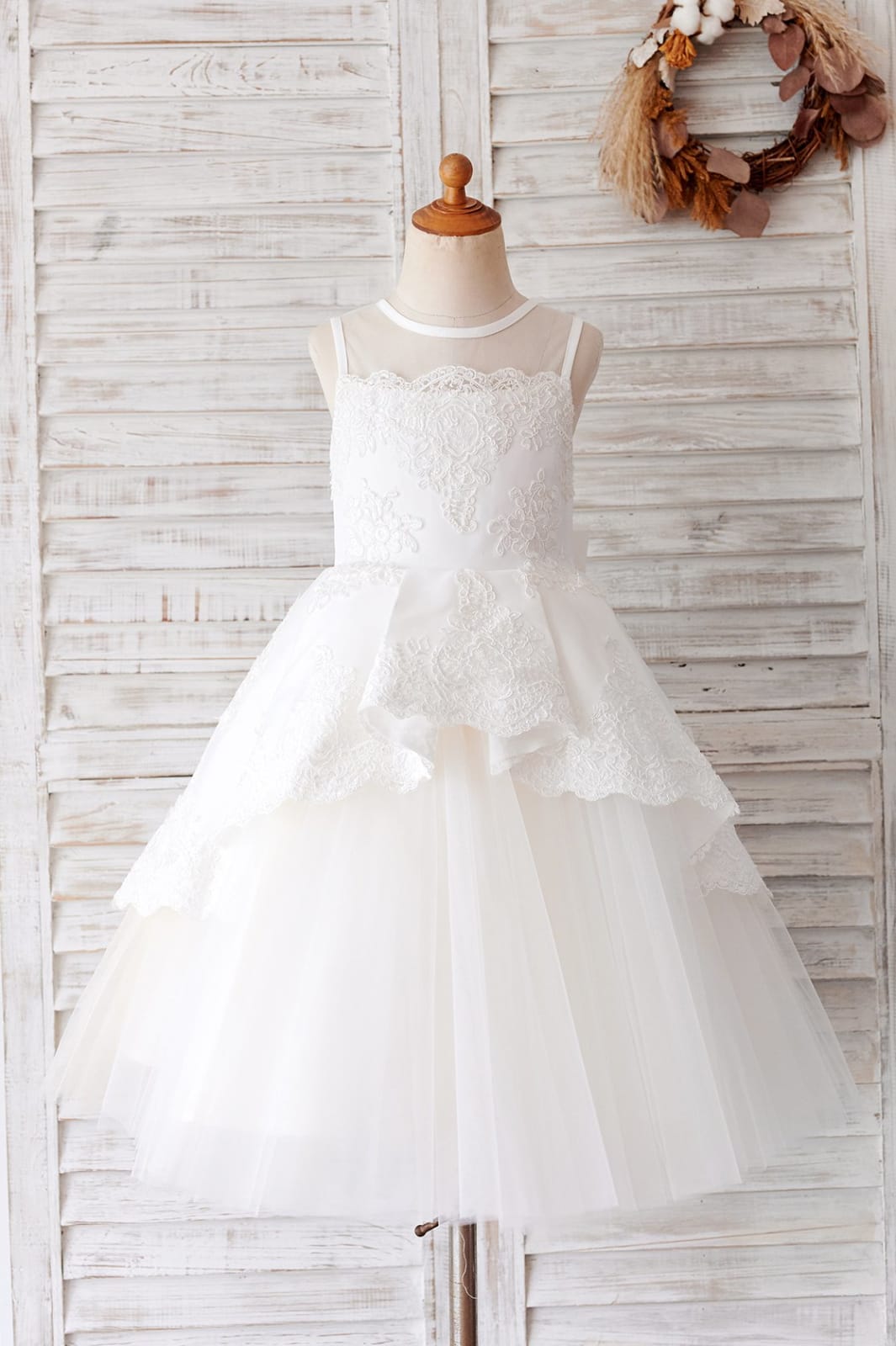 Ivory Lace Tulle Sheer Back Wedding Party Flower Girl Dress