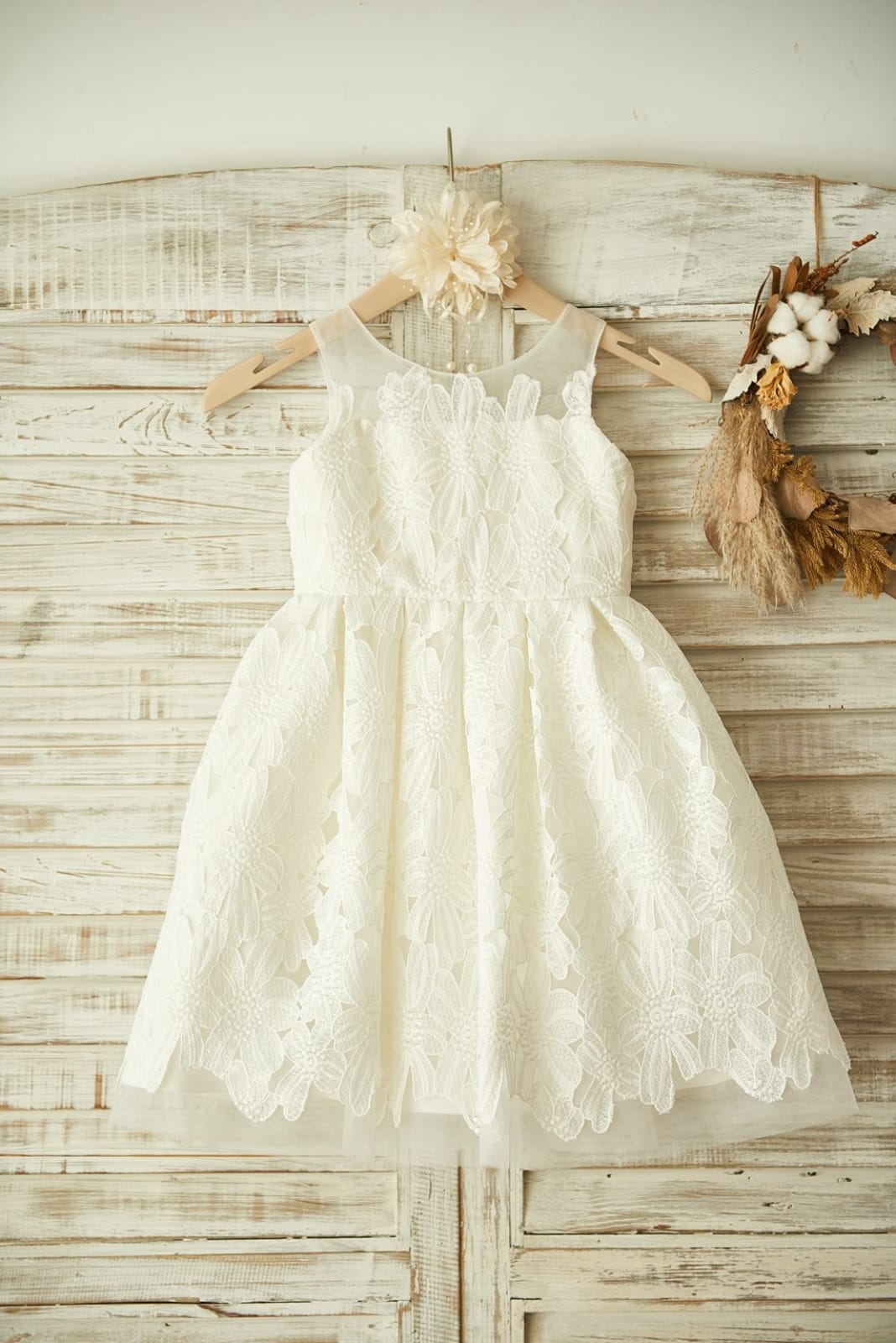 Ivory Lace Tulle Wedding Flower Girl Dress with Sheer Neck