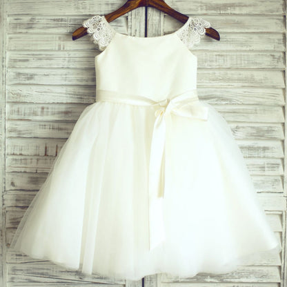 Ivory Lace Cap Sleeves Tulle Flower Girl Dress with Ivory 