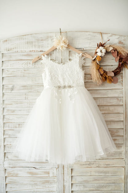 Ivory lace Tulle Spaghetti straps Wedding Flower Girl Dress 