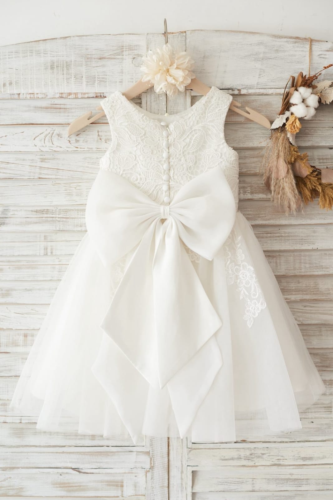 Ivory Lace Tulle Wedding Flower Girl Dress with Big Bow